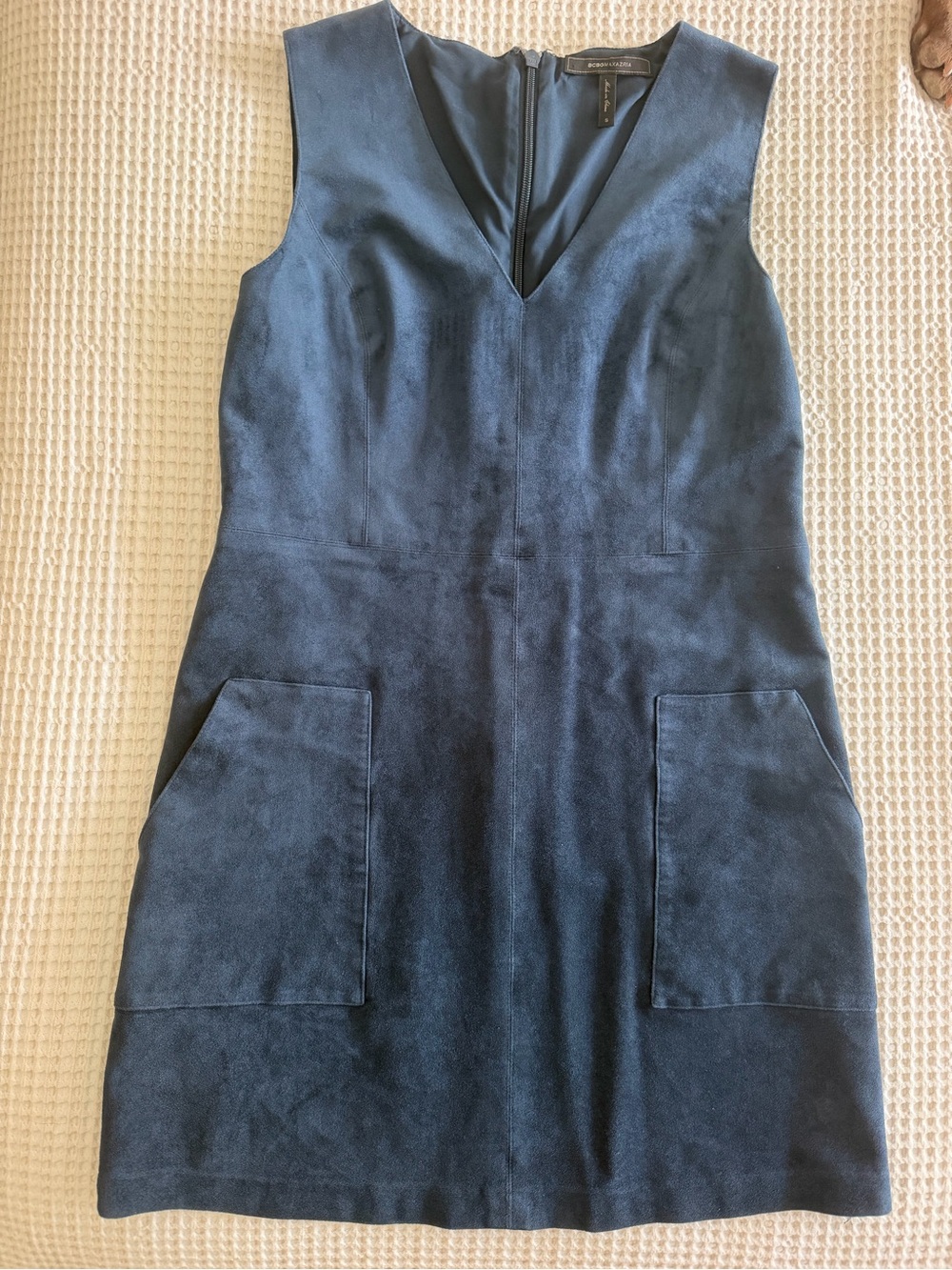BCBGMaxAzria Navy Faux Suede V-Neck Pocket Shift Dress